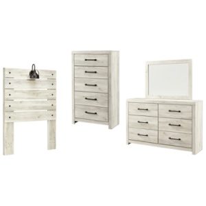 Cambeck Twin Panel Headboard Bed with Mirrored Dresser and Chest, Whitewash