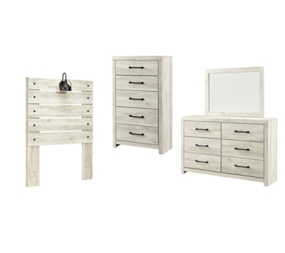 Cambeck Twin Panel Headboard Bed with Mirrored Dresser and Chest, Whitewash