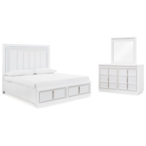 Chalanna Queen Upholstered Storage Bed with Mirrored Dresser, White