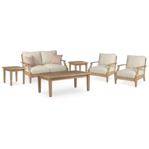 Clare View Outdoor Loveseat and 2 Lounge Chairs with Coffee Table and 2 End Tables, Beige