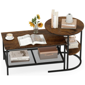 Coffee Table 2-Tier Rectangle Coffee Table and Side End Table with Storage Shelves-Rustic Brown