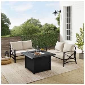 Crosley Furniture Kaplan Outdoor 2 Loveseat with Fire Pit Table, Oatmeal