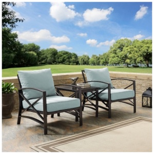 Crosley Furniture Kaplan Outdoor Coffee Table and 2 Armchairs, Mist