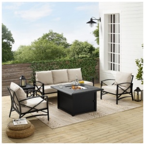 Crosley Furniture Kaplan Outdoor Conversation Set with Side table and Fire Pit Table, Oatmeal
