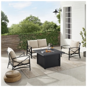 Crosley Furniture Kaplan Outdoor Loveseat and 2 Lounge Chairs with Fire Pit Table, Oatmeal