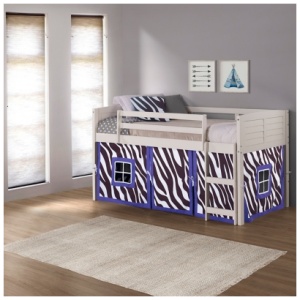 Donco Kids Louver Twin Loft Bed with Tent, White/Zebra