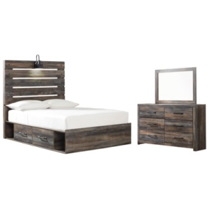 Drystan Full Panel Bed with 2 Storage Drawers with Mirrored Dresser, Multi