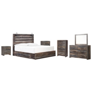 Drystan King Panel Bed with 4 Storage Drawers with Mirrored Dresser, Chest and 2 Nightstands, Multi
