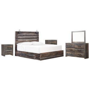 Drystan King Panel Bed with 4 Storage Drawers with Mirrored Dresser and 2 Nightstands, Multi
