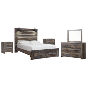 Drystan Queen Panel Bed with 2 Storage Drawers with Mirrored Dresser and 2 Nightstands, Multi