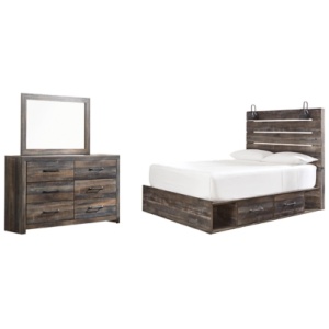 Drystan Queen Panel Bed with 4 Storage Drawers with Mirrored Dresser, Multi