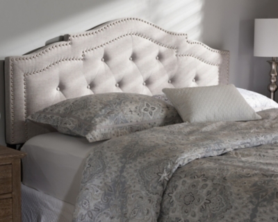 Edith Scalloped Upholstered Headboard, Gray/Beige