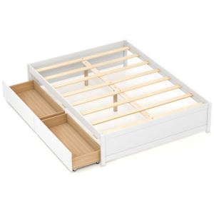 Full Size Wooden Bed Frame with 2 Rolling Storage Drawers-White
