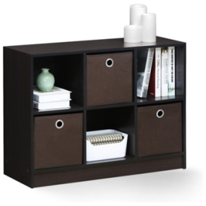Furinno Basic Bookcase Storage with Bins, Dark Walnut
