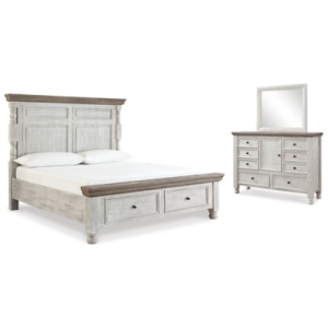 Havalance California King Poster Bed with Mirrored Dresser, White/Gray