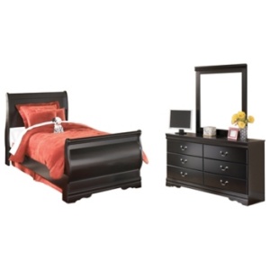 Huey Vineyard Twin Sleigh Bed with Mirrored Dresser and 2 Nightstands, Black