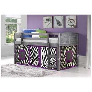 Kids Louvered Twin Low Loft Bed With Tent, Antique Gray