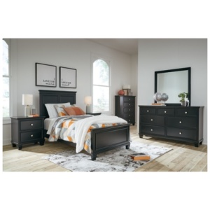 Lanolee Twin Panel Bed with Mirrored Dresser, Chest and 2 Nightstands, Black
