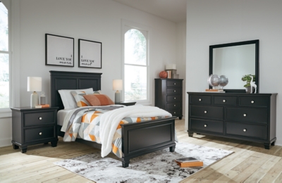 Lanolee Twin Panel Bed with Mirrored Dresser, Chest and 2 Nightstands, Black