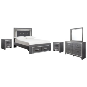 Lodanna Full Panel Bed with 2 Storage Drawers with Mirrored Dresser and 2 Nightstands, Gray