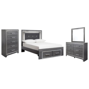 Lodanna Full Panel Bed with 2 Storage Drawers with Mirrored Dresser and Chest, Gray