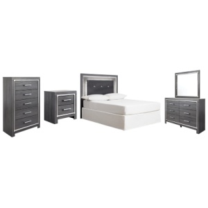 Lodanna Full Upholstered Panel Headboard Bed with Mirrored Dresser, Chest and Nightstand, Gray