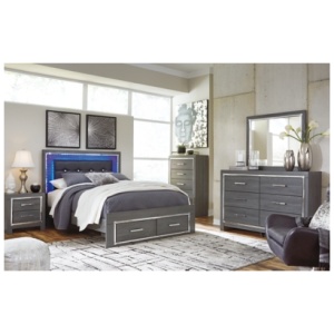 Lodanna Queen Panel Bed with 2 Storage Drawers with Mirrored Dresser and Chest, Gray