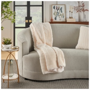 Mina Victory Faux Fur Layered Bunny Cut Blanket, Ivory