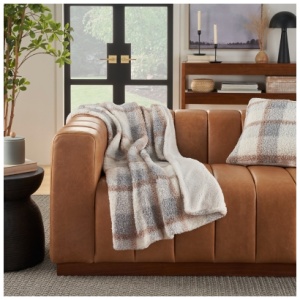 Mina Victory Faux Fur Plaid Sherpa Blanket, Blue