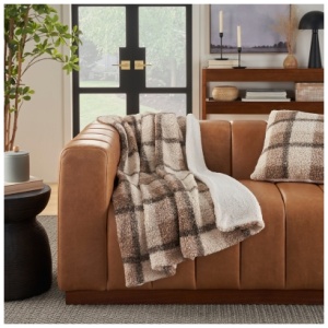 Mina Victory Faux Fur Plaid Sherpa Blanket, Brown