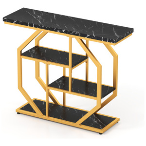 Modern Sofa Table Behind Couch 4-Tier Console Table with Faux Marble Tabletop-Black