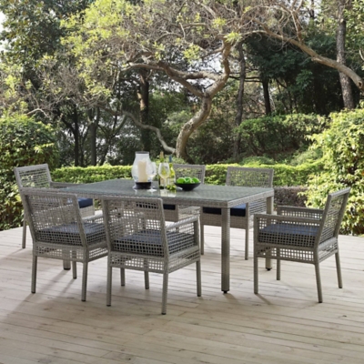 Modway Aura Outdoor Dining Table and 6 Chairs, Gray/Navy