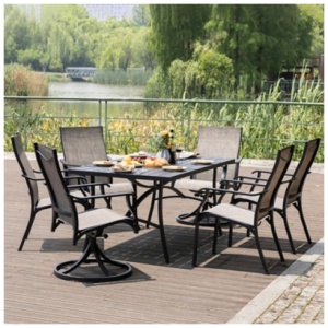 Nuu Garden Outdoor Dining Table with umbrella hole and 6 Chairs, Gray/Black