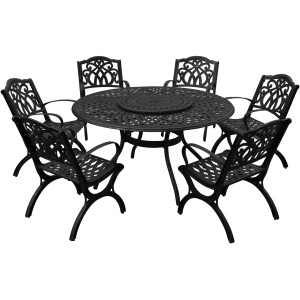 Outdoor Aluminum 7pc Round Patio Dining Set, Lazy Susan, Six Chairs