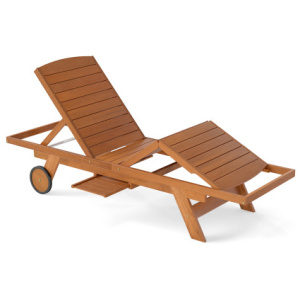 Outdoor Chaise Lounge Chair with Wheels 4-Position Patio Wood Recliner with Adjustable Backrest