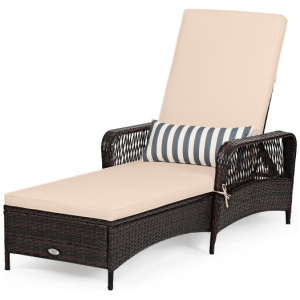 Outdoor Patio Wicker Chaise Lounge Chair with Adjustable Backrest and Pillow-Beige