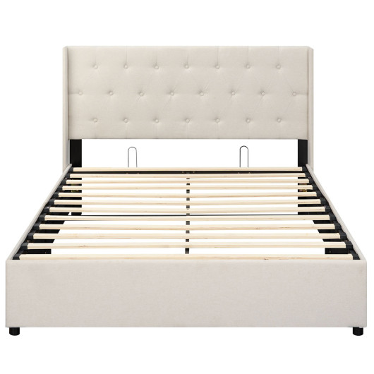 Queen Size Lift-up Storage Bed Modern Linen Upholstered Platform Bed-Beige