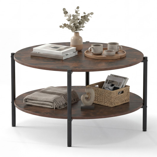 Round Coffee Table 2-Tier Industrial Accent Table with Open Storage Shelf-Rustic Brown