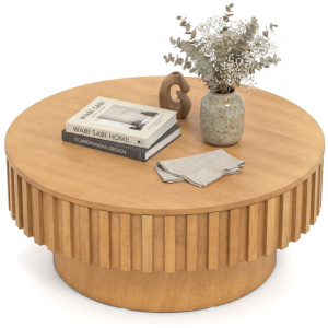 Round Coffee Table with Storage Modern Wooden Drum Coffee Table with Hidden Compartment-Natural