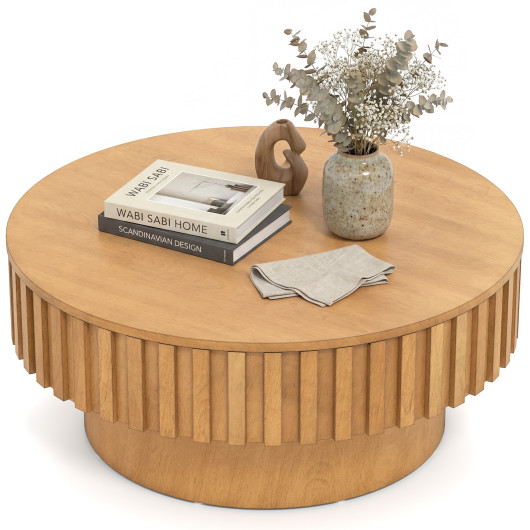 Round Coffee Table with Storage Modern Wooden Drum Coffee Table with Hidden Compartment-Natural