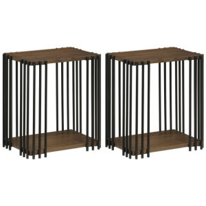 Rubber Wood Side Table Set of 2 with 2-Layer Storage Shelves and Metal Frame-Walnut