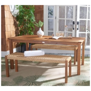 Safavieh Aquina Outdoor Dining Table and 2 Benches, Natural/Natural