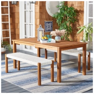 Safavieh Aquina Outdoor Dining Table and 2 Benches, Natural/White