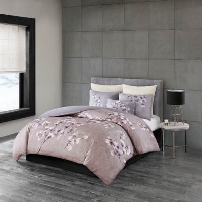 Sakura Blossom King 3 Piece Sateen Printed Duvet Cover Set, Lilac