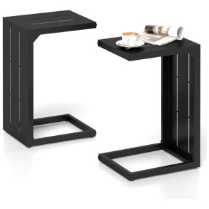 Set of 2 C-Shaped End Table with Adjustable Foot Pads for Indoors Outdoors-Black