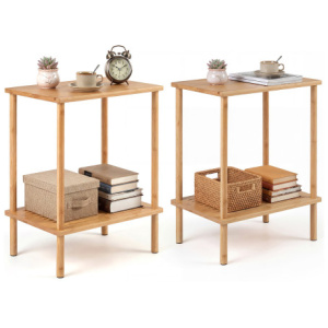 Side Table Set of 2 2-Tier Bamboo End Table with Storage Shelves Rectangular Tea Sofa Table-Natural