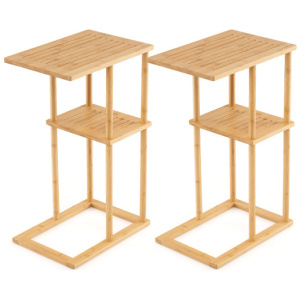 Side Table Set of 2 with Storage Shelves and Bamboo Construction-Natural