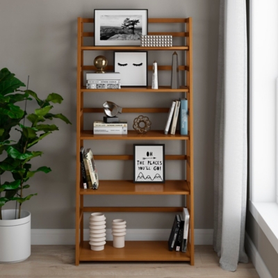 Simpli Home Acadian Ladder Shelf Bookcase, Light Golden Brown