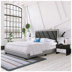 Soren King Upholstered Faux Leather Platform Bed, Black/Gray