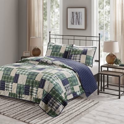 Timber King/California King 3 Piece Reversible Printed Quilt Set, Green/Navy